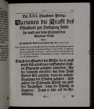 Die XIII. Glaubens-Predig/ Darinnen die Krafft des Glaubens zur Heiligung bewisen wird mit dem Exempel des Glaubens Mosis.