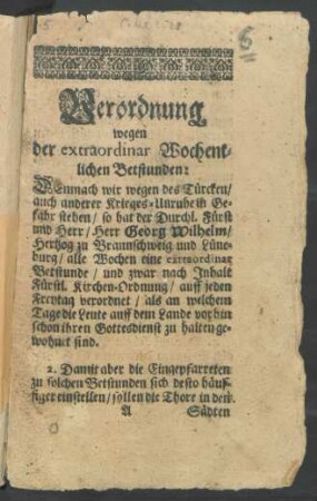 Verordnung wegen der extraordinar Wochentlichen Betstunden