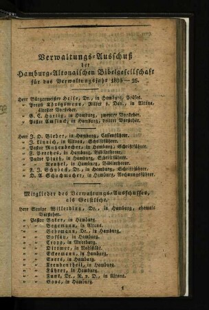 Verwaltungs-Ausschuß der Hamburg-Altonaischen Bibel-Gesellschaft für das Verwaltungsjahr 1825-26.