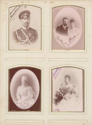 links oben: Großfürst Nikolaus von Russland rechts oben: Großfürst Alexander Michailowitsch und Großfürstin Xenia von Russland links unten: "Tante Samy" rechts unten: "Elisabeth" zu Wied, Königin von Rumänien