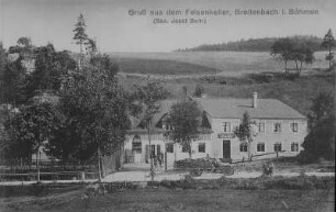 Postkartenansicht vom Gasthaus "Felsenkeller" in Breitenbach (Potuky) in Böhmen, Besitzer Josef Behr, möglicherweise verwandt mit Gerhardt Behr : Postkartenansicht vom Gasthaus "Felsenkeller" in Breitenbach (Potuky) in Böhmen, Besitzer Josef Behr, möglicherweise verwandt mit Gerhardt Behr