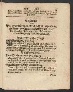 Verzeichnuß aller Bey gegenwärtigem Reichstag zu Regenspurg von Anno 1678. biß in den October Anno 1686. Provisionaliter Moderirten Reichs-Ständen/ an ihren alten Reichs- und Matricular- Anschlägen.