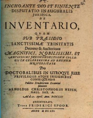 Disputatio inauguralis juridica de inventario