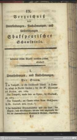 IX. Verzeichniß der Umarbeitungen, Nachahmungen, und Uebersetzungen Shakspearischer Schauspiele