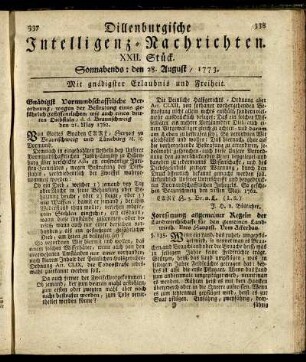 XXII. Stück. Sonnabends: den 28. August / 1773.