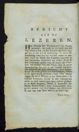 Bericht aan de Lezeren