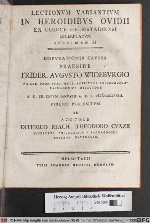 Lectionvm Variantivm In Heroidibvs Ovidii Ex Codice Helmstadiensi Excerptarvm Specimen II