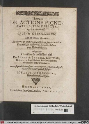 Themata De Actione Pignoratitia, Tam Directa, quàm contrariâ