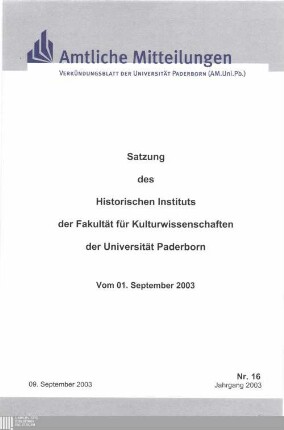 Satzung des Historischen Instituts der Fakultät für Kulturwissenschaften der Universität Paderborn : vom 01. September 2003