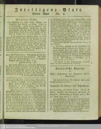 Intelligenz-Blatt. Dritter Band. No. 5