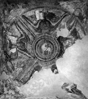 Lamm Gottes und die vier Evangelistensymbole : Lamm Gottes und die vier Evangelistensymbole. Fresko (um 1160-1165). Pürgg-Trautenfels, Sankt Johannes Kapelle, Chor