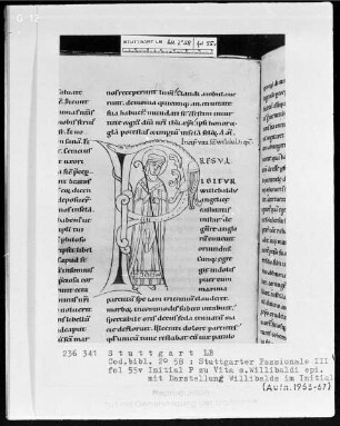 Stuttgarter Passionale — Ergänzungsband — Initiale P (resul igitur), darin der heilige Bischof Willibald, Folio 55verso