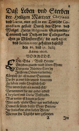 Spiegel der Keuscheidt, oder Historia Von Leben, Thaten vnd Sterben Zweyer H. Martyrer, Chrysanti vnnd Dariae, Patronen der Collegiat Kirchen zu Münster Eyffel