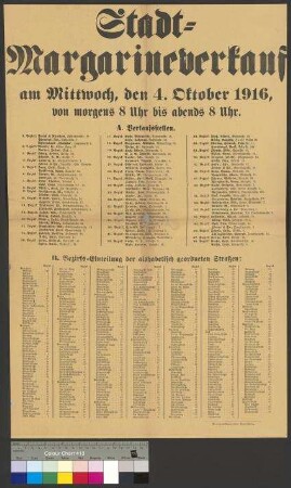 Bekanntmachung des Stadtmagistrates Braunschweig zum Verkauf von Margarine am 4. Oktober 1916