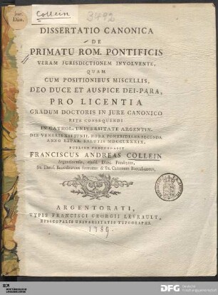 Dissertatio Canonica De Primatu Rom. Pontificis Veram Jurisdictionem Involvente