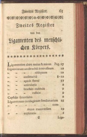 Zweites Register von den Ligamenten des menschlichen Körpers