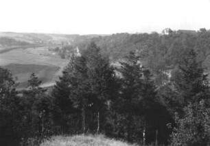 Tal der Freiberger Mulde vom Weinberg bei Roßwein. Blick nach Nordwesten talab gegen Striegismündung und Ullrichsberg, rechts oben das Freigut Treischau (zu Ullrichsberg)