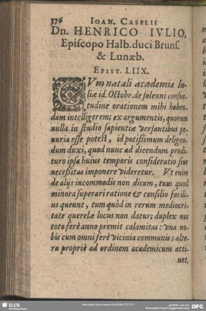 Dn. Henrico Iulio, Episcopo Halb. duci Bruns. & Lunaeb. Epist. LIIX.