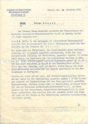 Betriebliches Schreiben an eine Mitarbeiterin bezüglich ihrer Pensionsansprüche