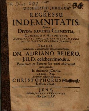 Dissertatio Iuridica De Regressu Indemnitatis