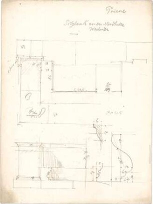 Thiersch, August ; Priene (Türkei); Ausgrabungen - Sitzbank vor der Nordhalle, Westende (Grundriss, Teilansicht, Details)