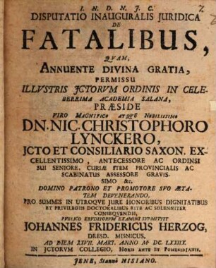 Disputatio Inauguralis Juridica De Fatalibus