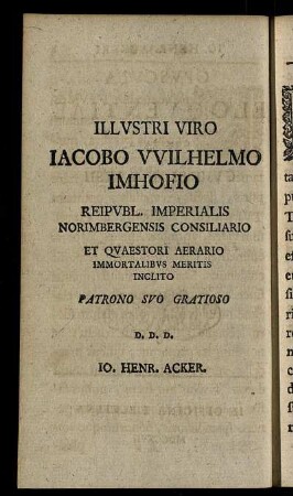 Illustri Viro Iacobo Wilhelmo Imhofio ...