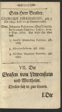 VII. Die Grafen von Löwenstein und Wertheim.