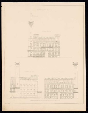 Rathaus, Zittau: Vorderansicht, Seitenansicht, Rückansicht (aus: Sammlung Architektonischer Entwürfe, Berlin 1858)