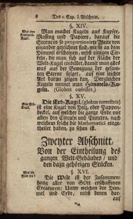 Zweyter Abschnitt, Von der Eintheilung des ganzen Welt-Gebäudes, und den dazu gehörigen Stücken.