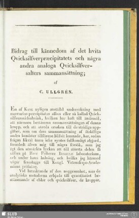 Bidrag till kännedom af det hvita Qvicksilfverpraecipitatets och några andra analoga Qvicksilfversalters sammansättning