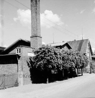 Gebäude mit hohem Schornstein: davor Baumreihe: hinten rechts Bauernhaus: vorn Straße
