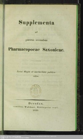 Supplementa ad partem secundam Pharmacopoea Saxonicae