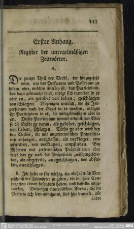 Erster Anhang. Register der unregelmäßigen Zeitwörter