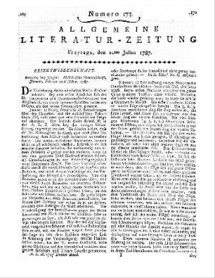 Militärische Monatsschrift. Januar, Februar und März. [Hrsg. v. C. K. A. L. v. Massenbach.] Berlin: Unger 1787