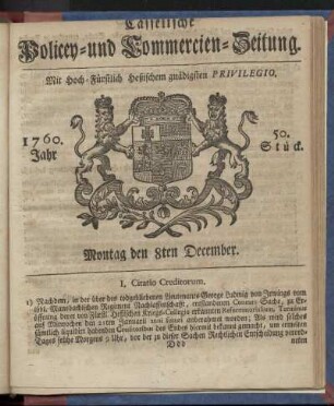50. Stueck, Montag den 8ten December 1760