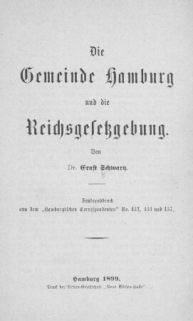 Die Gemeinde Hamburg und die Reichsgesetzgebung