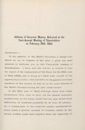 Address of Governor Matsuo, delivered at the Semi-Annual Meeting of Shareholders on February 20th, 1904
