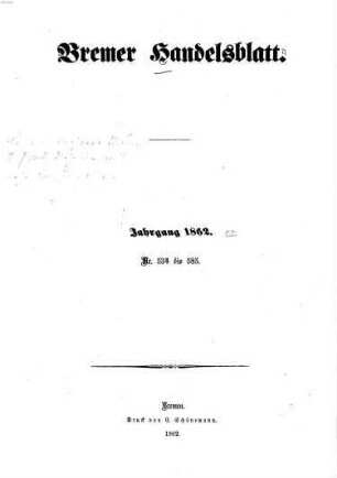 Bremer Handelsblatt : Wochenschrift für Handel, Volkswirtschaft und Statistik. 1862