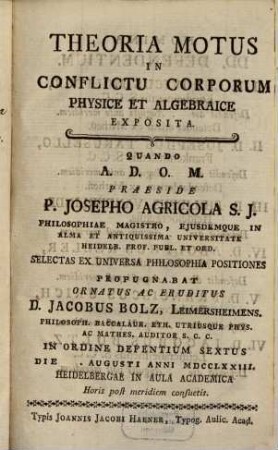 Theoria motus in conflictu corporum physice et algebraice exposita