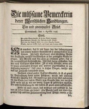 Ein und zwanzigstes Stück. Sonnabend, den 7. Aprilis 1736.