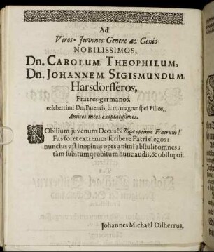 Ad [...] Dn. Carolum Theophilum, Dn. Johannem Sigismundum Harsdörfferos, [...]