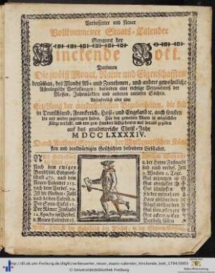 Verbesserter und neuer vollkommener Staats-Calender, genannt der hinckende Bott: ... auf das gnadenreiche Christ-Jahr 1794