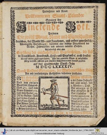 Verbesserter und neuer vollkommener Staats-Calender, genannt der hinckende Bott: ... auf das gnadenreiche Christ-Jahr 1794