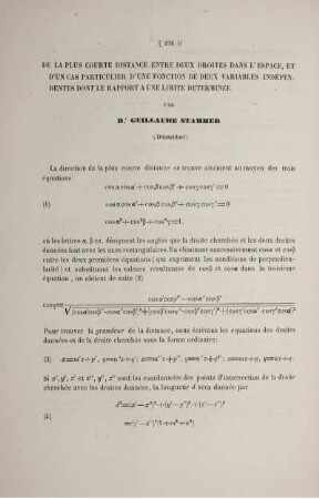 De la plus courte distance entre deux droites dans l' espace, et d'un cas particulier d'une fonction de deux variables indépendentes dont le rapport a une limite determinée.