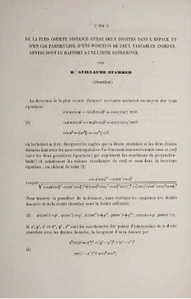De la plus courte distance entre deux droites dans l' espace, et d'un cas particulier d'une fonction de deux variables indépendentes dont le rapport a une limite determinée.