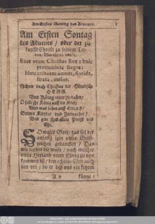 Am Ersten Sontag des Advents/ oder der zukunfft Christi zu seinem Leiden/ Matth: 21. ver. 1.