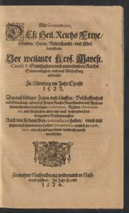 Alte Gravamina, Deß Heil. Reichs Freye/ Graven/ Herrn/ Ritterstandt/ und Adel betreffendt ...