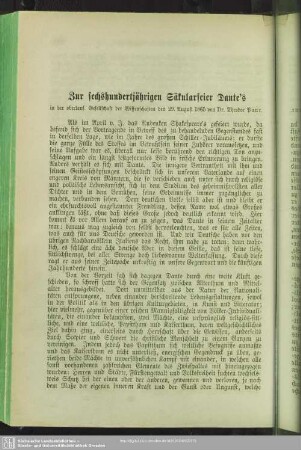 Zur sechshundertjährigen Säkularfeier Dante's