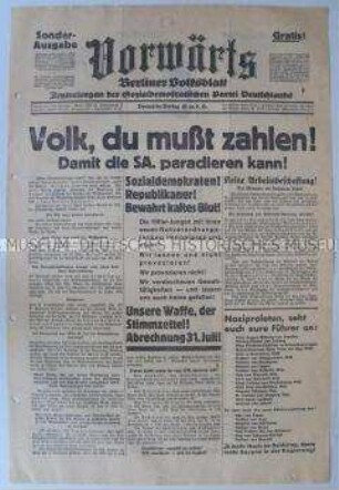 Sonderausgabe des "Vorwärts" zur Reichstagswahl im Juli 1932